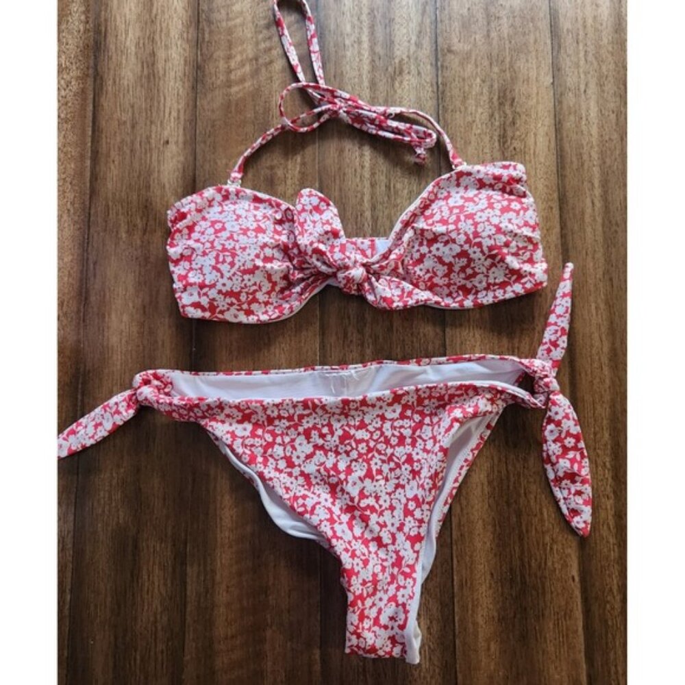 Red White Floral Bikini Tie Front Halter‎ Top Bow Bottoms Swimsuit S M